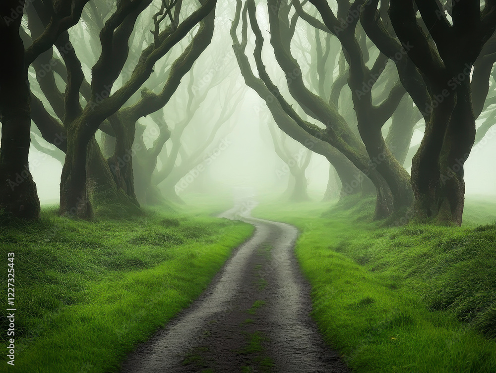 Poster mystical forest path surrounded by twisted trees and fog, creating enchanting atmosphere. vibrant gr