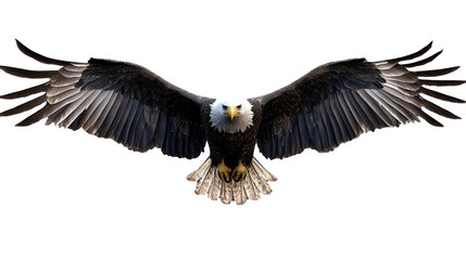 Fototapeta premium Bald eagle soaring with wings spread wide, isolated on white background.
