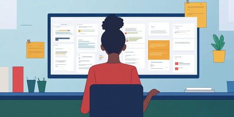 A new employee seated in a lively office filled with colorful decorations, updating project statuses on a digital dashboard 