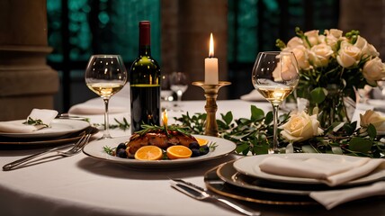 Fototapeta premium Romantic Candlelit Dinner Setting with Salmon Dish and Roses
