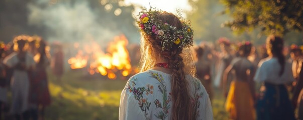A summer solstice festival with bonfires and people wearing flower crowns