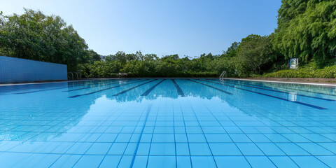 Obraz premium Outdoor Swimming Pool with Eight Lanes and Greenery