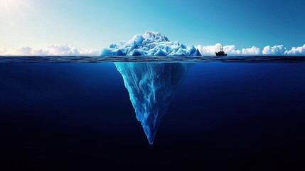 Large iceberg floating in the ocean with clear blue water and ice formations under a bright sky