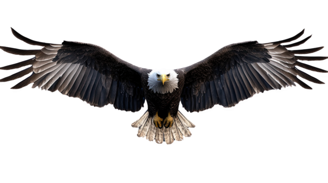 Bald eagle soaring with wings spread wide, isolated on white background.
