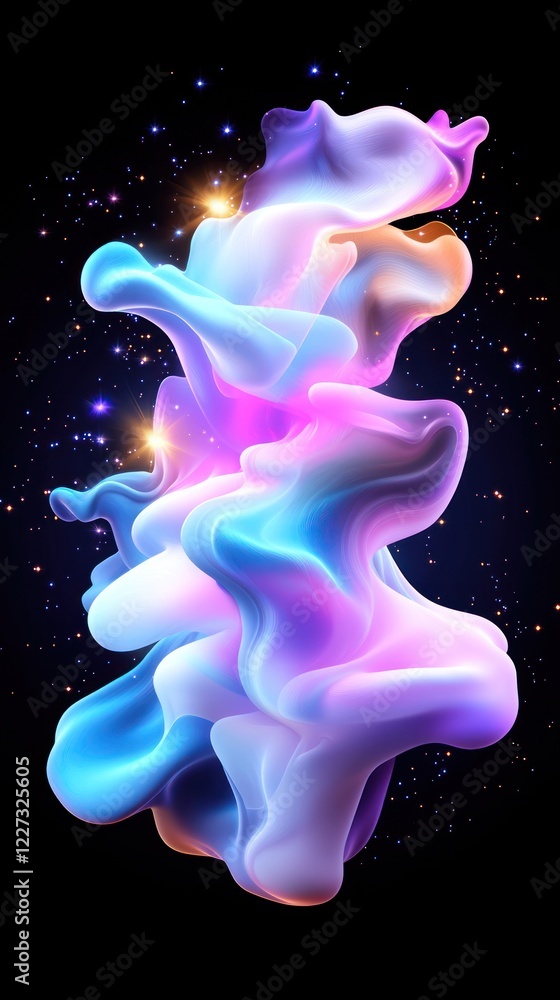 Poster abstract colorful fluid forms with glowing particles on black background