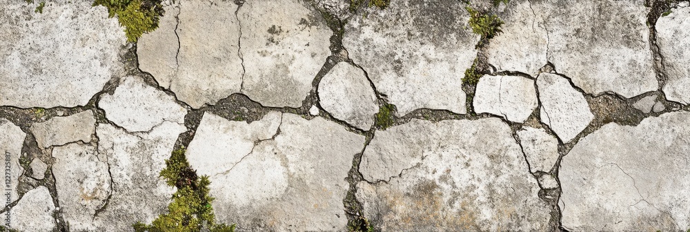 Poster rustic weathered stone wall with cracks and mossy texture for background use