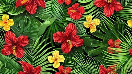 A seamless pattern with tropical leaves and red and yellow flowers.