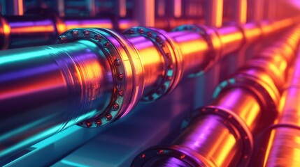 A series of pipes are shown in a bright, neon color