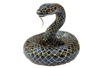 Fototapeta premium Elegant emerald snake sculpture with mosaic patterns and blue gemstones isolated on white transparent background, reptiles or wildlife, symbolizing Chinese Lunar New year