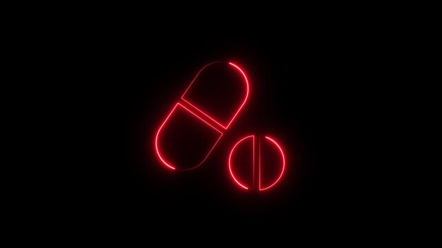 Neon tablet and pill icon animation on black background. 4k video footage.