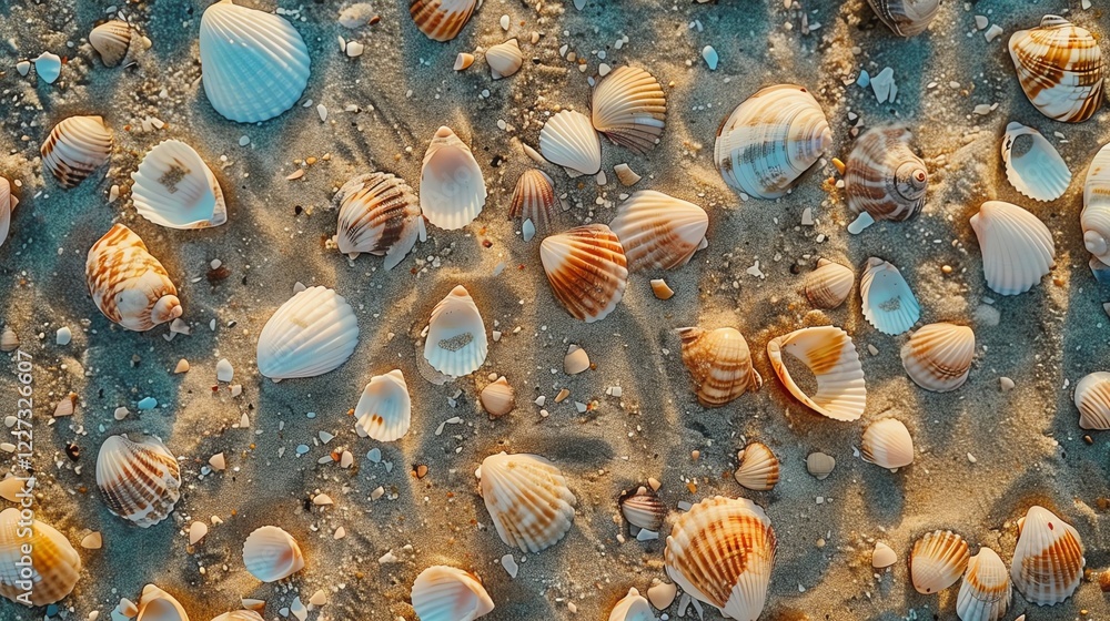 Poster a close-up shot of a sandy beach with various shells and stones, creating a natural and textured bac