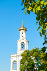 Veliky Novgorod, Russia. Belfry on the territory of Russian orthodox Yuriev Monastery in spring sunny day