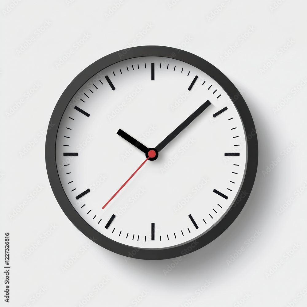 Poster modern wall clock showing time with black and red hands and a minimalist design against a light back