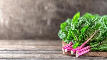Naklejka premium Fresh red chard on wooden board, rustic background. Healthy eating recipe ingredient