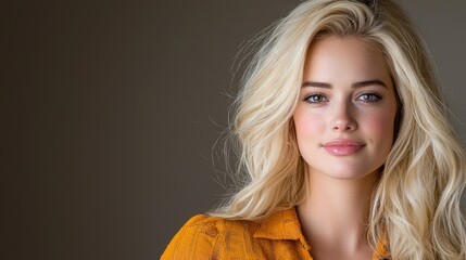 Naklejka premium Blonde woman portrait, studio shot, neutral background, beauty, fashion