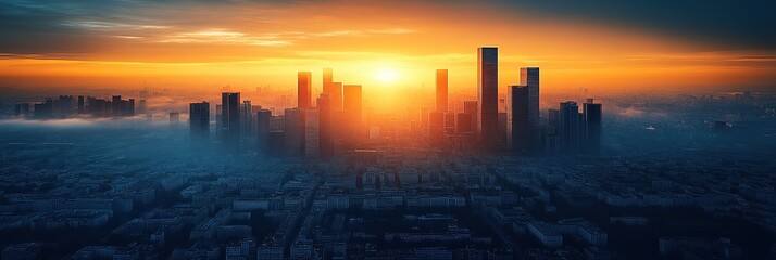 Dynamic urban skyline during sunset showcasing vibrant colors and architectural design