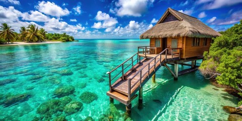 Obraz premium A luxurious overwater bungalow with a staircase leading down into a crystal-clear turquoise green lagoon surrounded by vibrant coral and tropical foliage, staircase, tropical