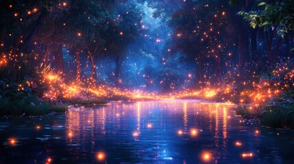 Enchanting Glow of Fireflies Illuminating a Tranquil River in a Mystical Forest at Twilight
