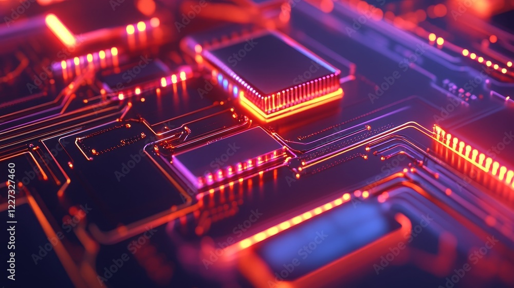 Poster close-up view of a vibrant circuit board showcasing intricate connections and glowing components