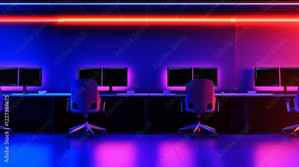 Poster modern workspace with glowing neon lights, empty desks, and computer monitors in a tech environment