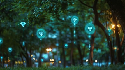 A forest with trees lit up in blue and green with wifi icons on them