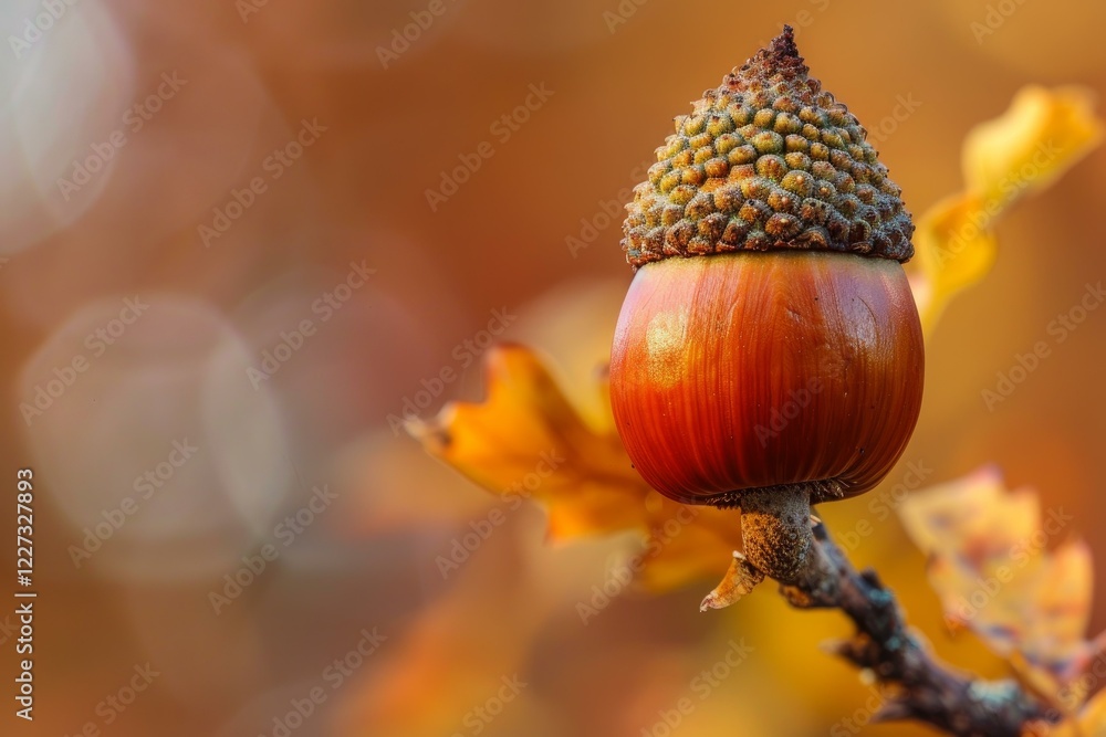 Poster single acorn growing on the branch of an oak tree with fall colors in the background