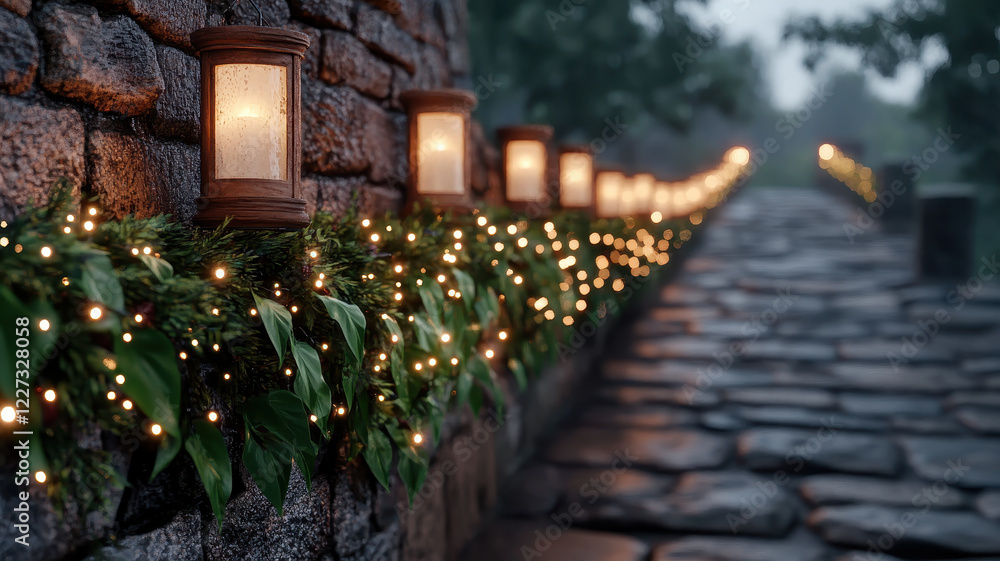 Poster serene cobblestone path lined with glowing lanterns and greenery creates warm, inviting atmosphere. 