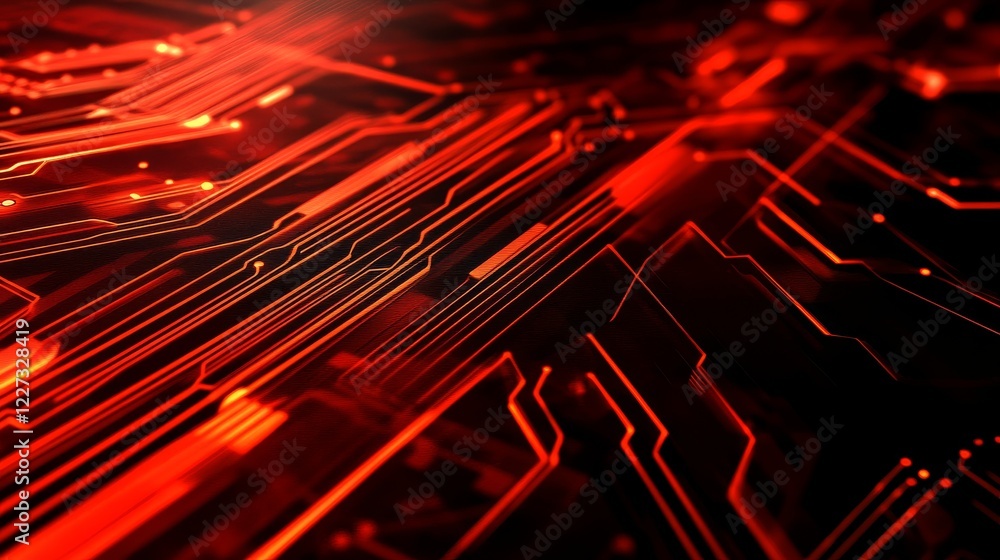 Poster abstract red circuit board design with intricate patterns and glowing lights, suitable for technolog