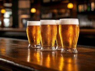Refreshing pints of beer on wooden bar in lively pub setting, inviting cheerful atmosphere for social gatherings and celebrations