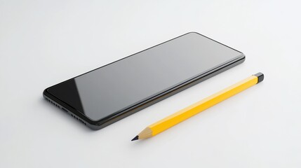 Minimalist still life of a smartphone and a yellow pencil on a plain white surface