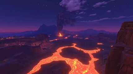 Fototapeta premium Volcanic eruption at dusk, fiery lava flows through landscape.