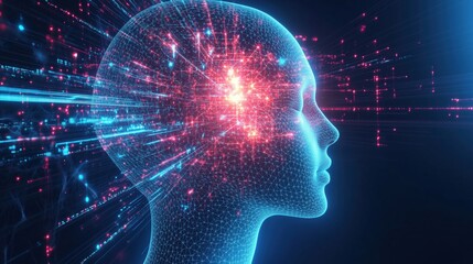 Silhouette of a human body with neural connections around the head and brain as a hologram on a dark background with light, abstraction, representation of the future