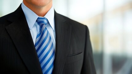 Professional businessman in a suit with a blue tie, standing in a modern office environment
