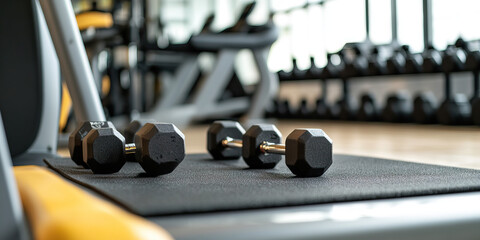 Fototapeta premium Two Dumbbells on Gym Mat with Background Equipment