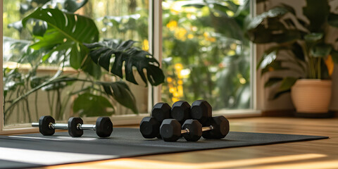 Dumbbells and Exercise Mat Near Window with Plants