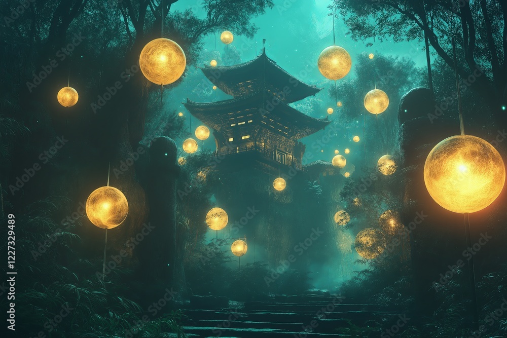 Poster a hidden temple surrounded by glowing floating orbs at dusk