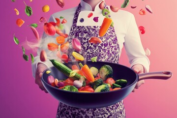 Chef presenting colorful vegetables flying out of frying pan, showcasing healthy cooking and vibrant food preparation