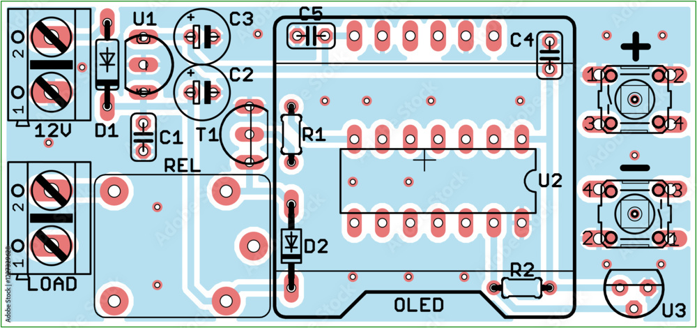 Poster vector printed circuit board of electronic device with components of radio elements, conductors and 