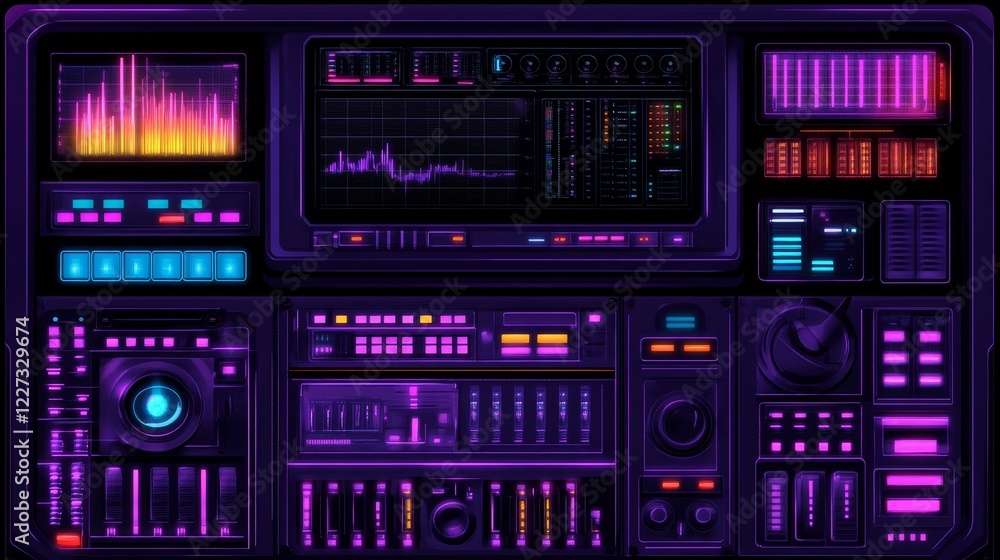 Poster futuristic control panel with vibrant neon lights displaying sound waves and various controls