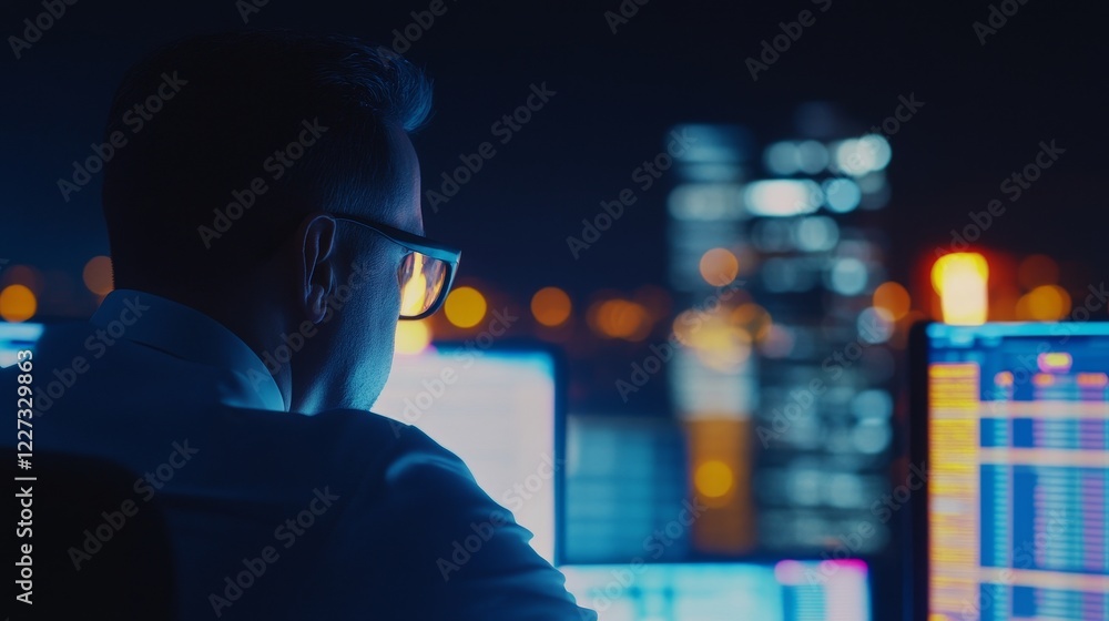 Poster professional man analyzing data on multiple screens at night with a city skyline in the background