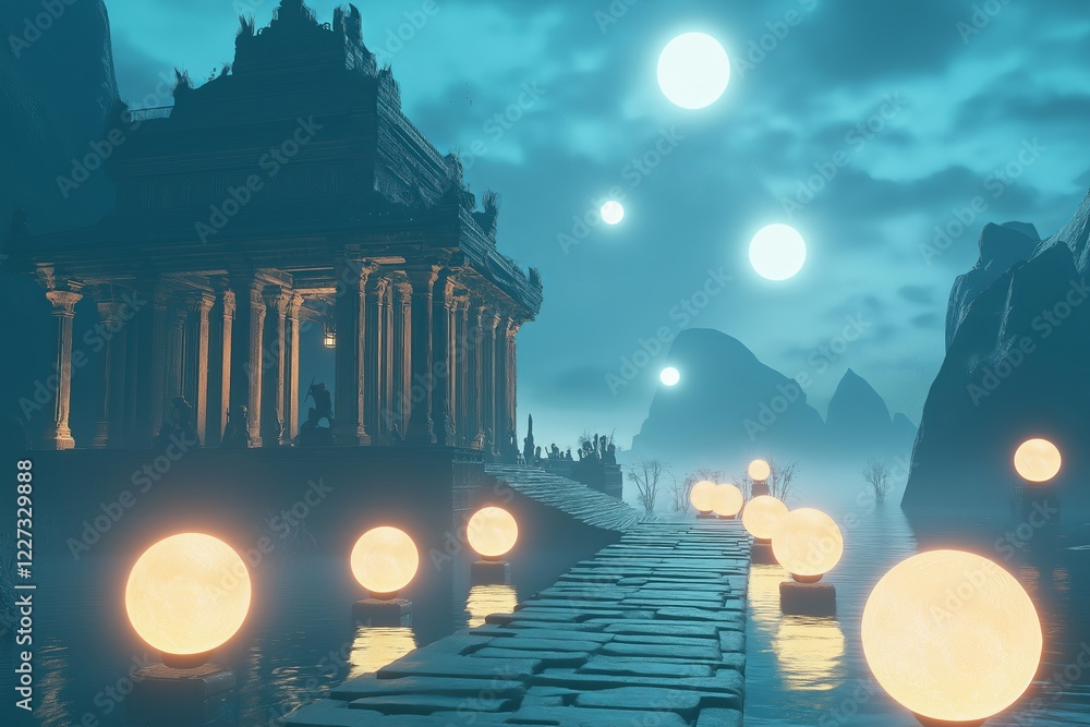 Aufkleber a hidden temple surrounded by glowing floating orbs at dusk