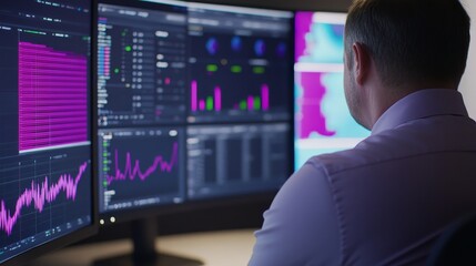 Business professional analyzing data trends on multiple screens in a modern office environment