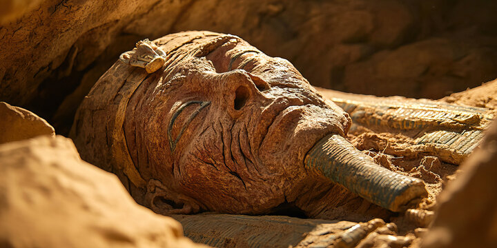 Partially Exhumed Mummy with Gold and Blue Adornments