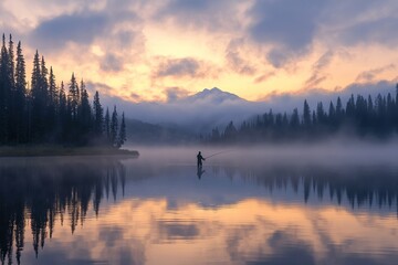 A lone fisherman in a vast, mirror-like lake at dawn