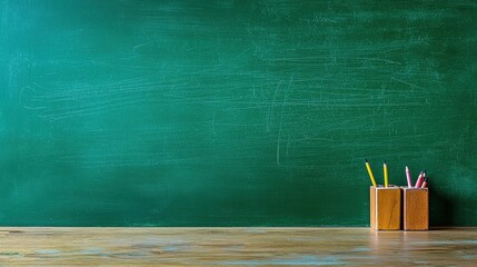 Green chalkboard with dry erase markers and an eraser in a classroom setting