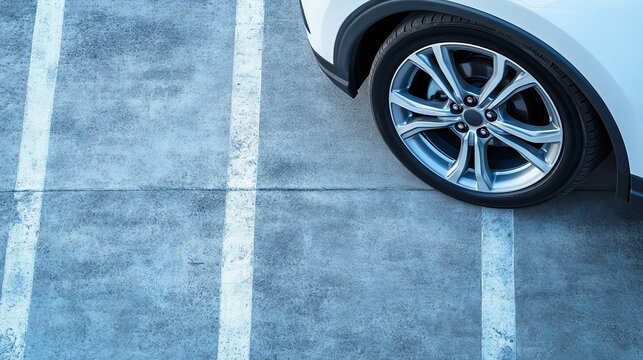 A close-up of the freshly repaired and repainted white metal arch of a Japanese SUV&acirc;&euro;&trade;s wheel, viewed from above in a parking lot