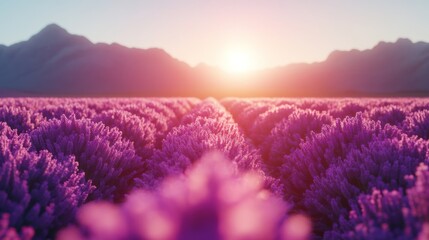 Obraz premium Vibrant lavender field at sunset with mountain backdrop.
