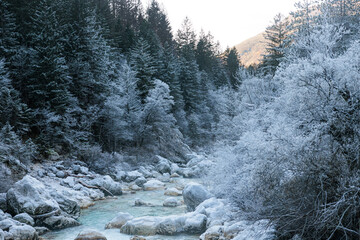 dettagli del fiume Isonzo, in Slovenia, nel suo ambiente naturale, con l'acqua che scorre attraverso grandi massi e con le rive ricche di foreste ghiacciate, in inverno