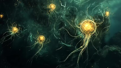 Glowing Orb-like Organisms in a Dark, Abstract, Aquatic Environment - Powered by Adobe