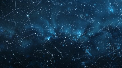 Fototapeta premium A starry night sky with constellations outlined in white against a dark blue background.